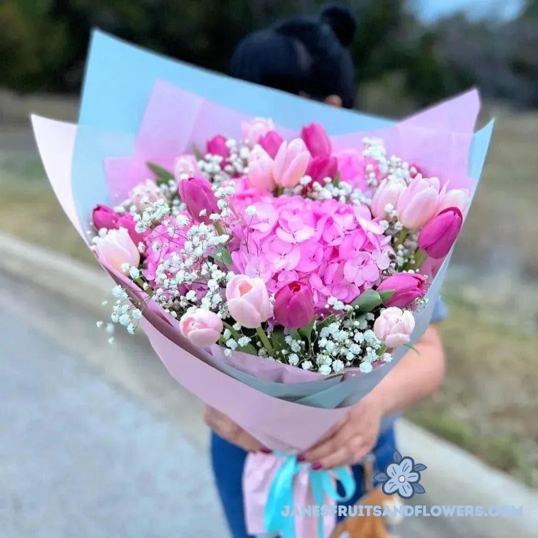Pink Tulips and Hydrangea Bouquet - Janes Fruits and Flowers