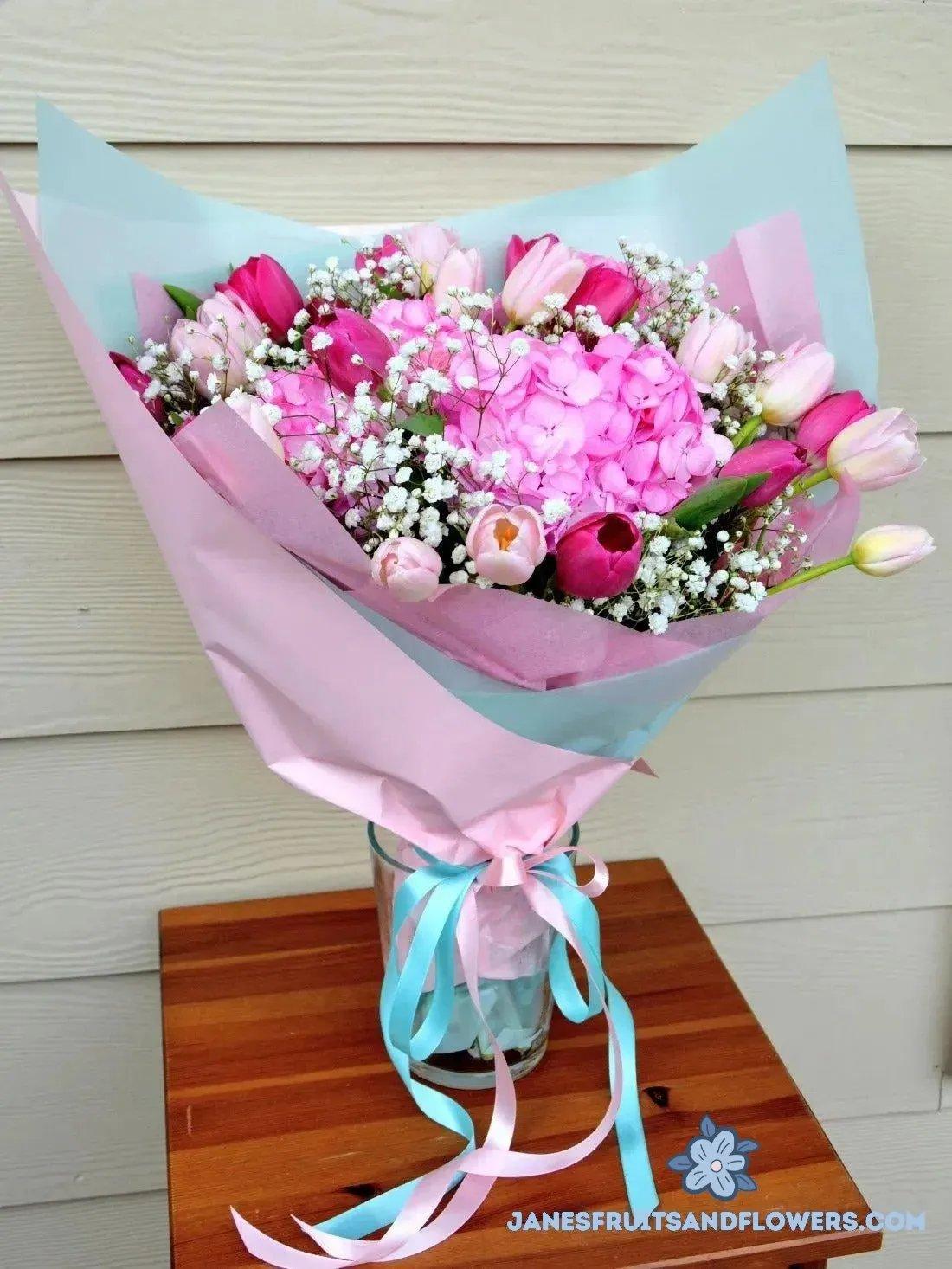 Pink Tulips and Hydrangea Bouquet - Janes Fruits and Flowers