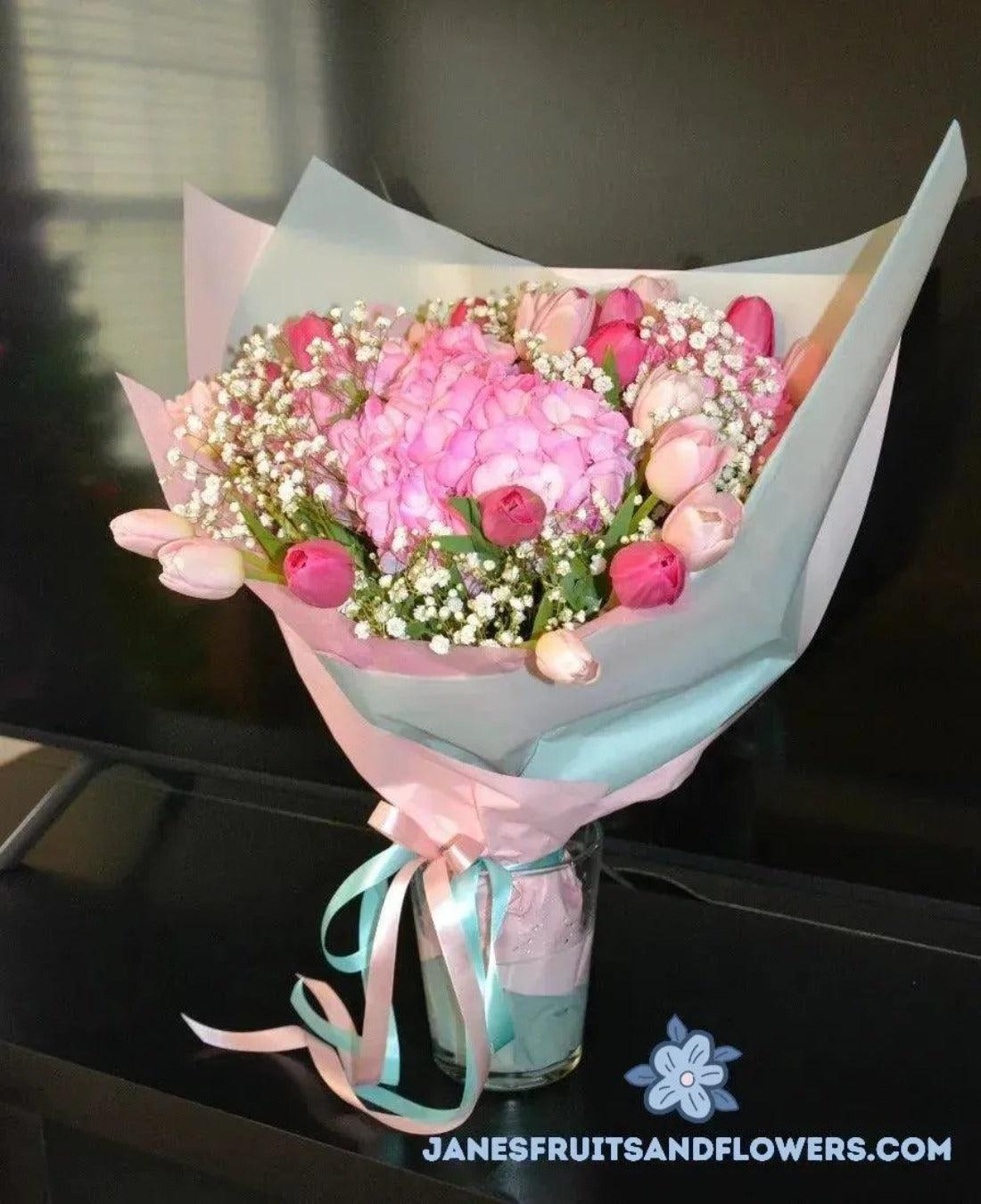 Pink Tulips and Hydrangea Bouquet - Janes Fruits and Flowers
