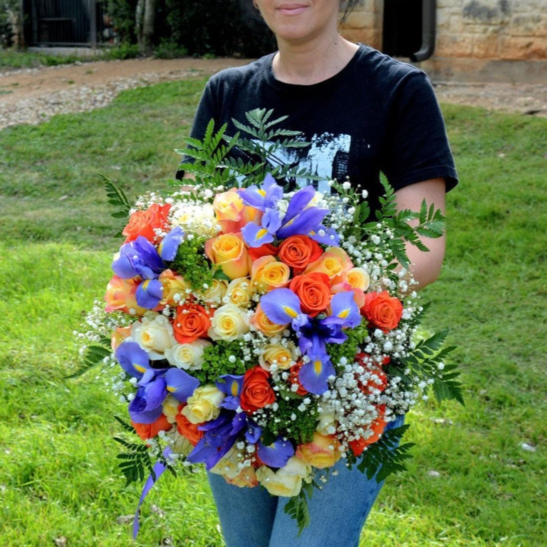 Summer Iris & Rose Bouquet - Janes Fruits and Flowers
