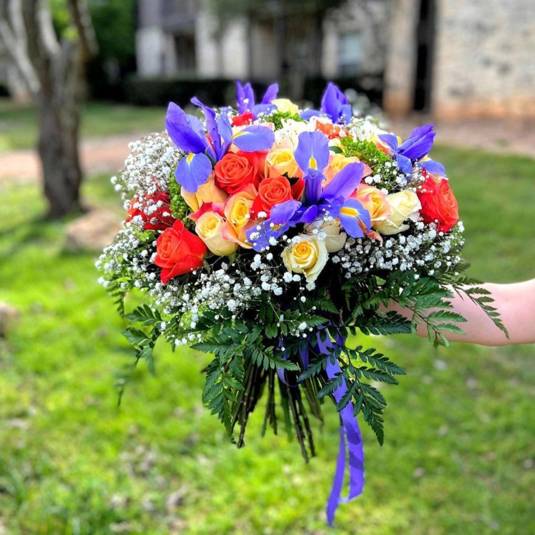 Summer Iris & Rose Bouquet - Janes Fruits and Flowers