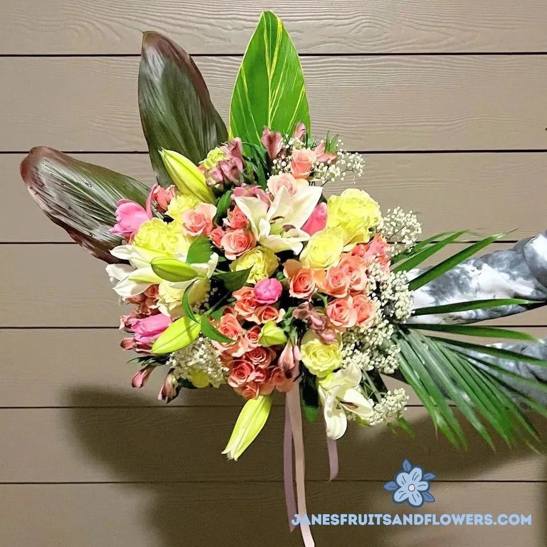 Tropical Bouquet of Roses & Lilies - Jane's Fruits And Flowers