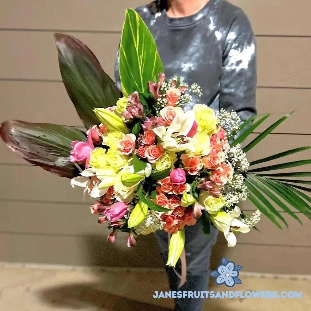 Tropical Bouquet of Roses & Lilies - Jane's Fruits And Flowers