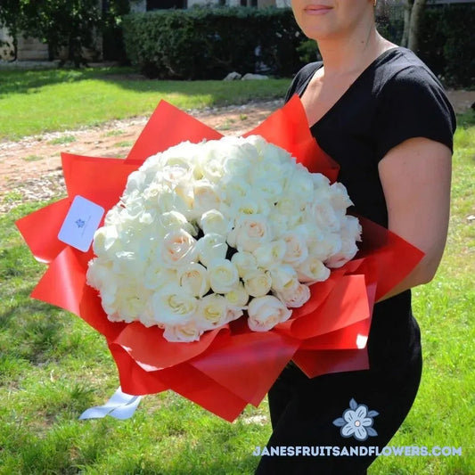 100 White Roses Bouquet - Jane's Fruits And Flowers