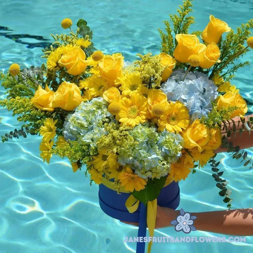 Blue & Yellow Heart Bouquet - Jane's Fruits And Flowers