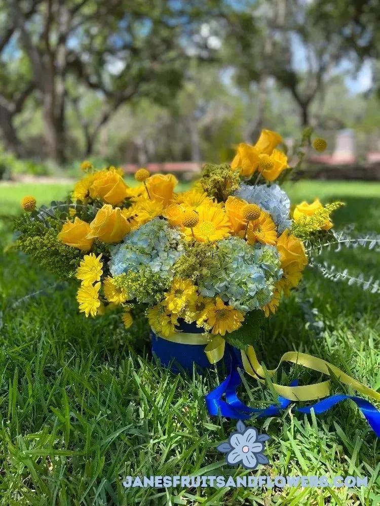 Blue & Yellow Heart Bouquet - Jane's Fruits And Flowers