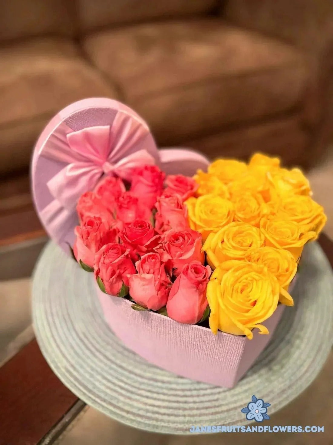 Pink & Yellow Heart Bouquet - Jane's Fruits And Flowers