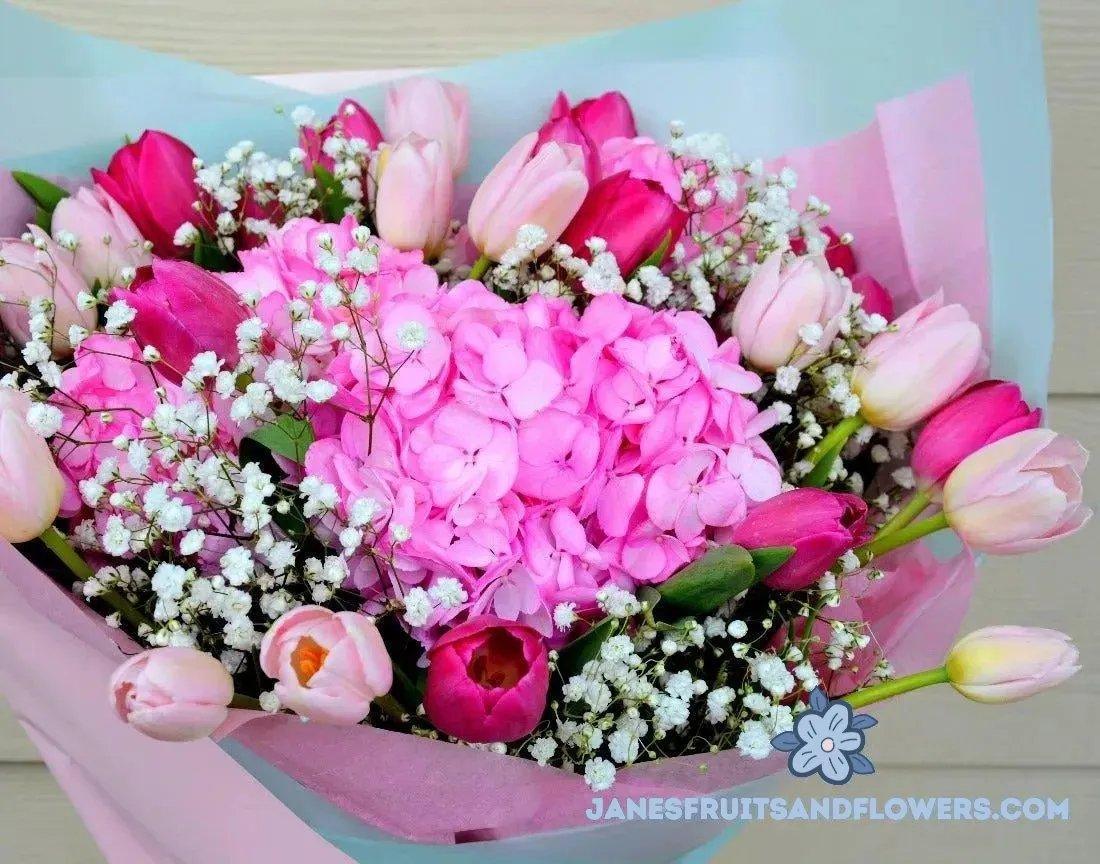 Pink Tulips and Hydrangea Bouquet - Janes Fruits and Flowers
