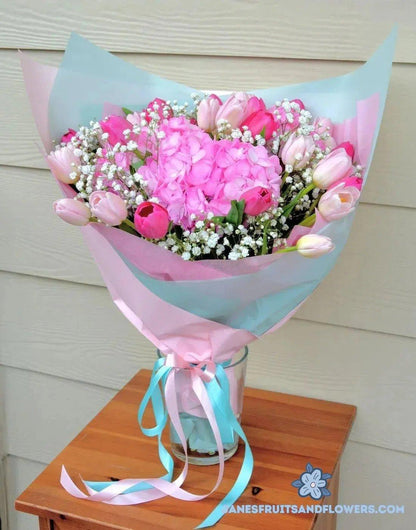 Pink Tulips and Hydrangea Bouquet - Janes Fruits and Flowers