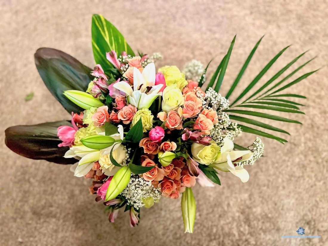 Tropical Bouquet of Roses & Lilies - Jane's Fruits And Flowers