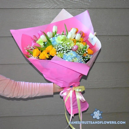 Tulips, Hydrangea and Roses Charm Bouquet - Janes Fruits and Flowers