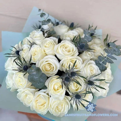 White Snow Roses Bouquet - Jane's Fruits And Flowers